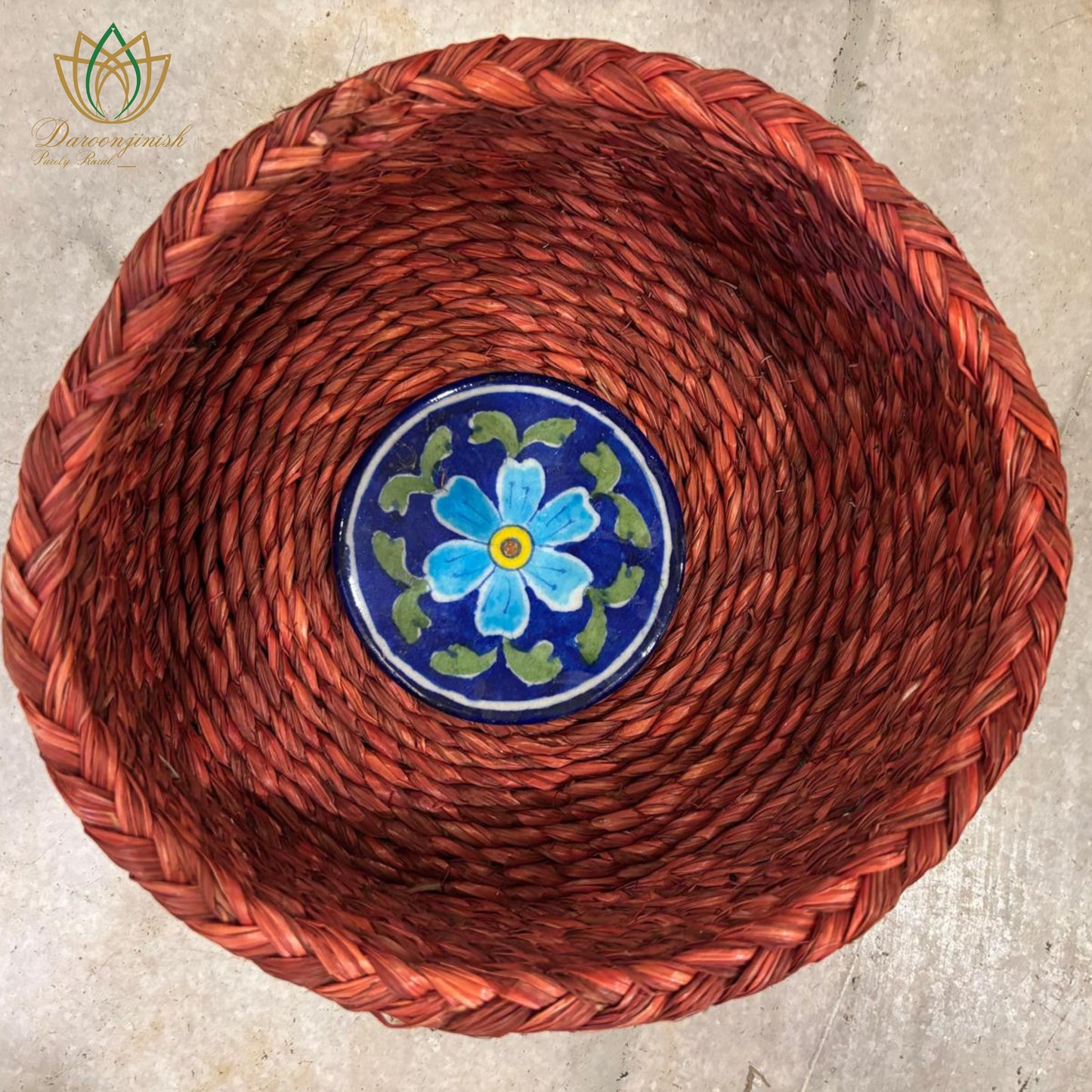 Rust Red Basket Tray with Blue Pottery Coaster