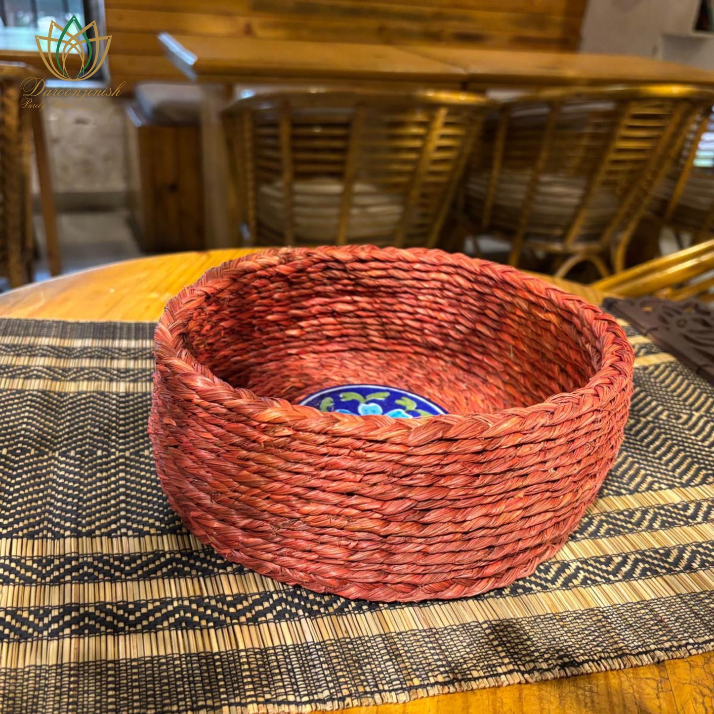 Rust Red Basket Tray with Blue Pottery Coaster