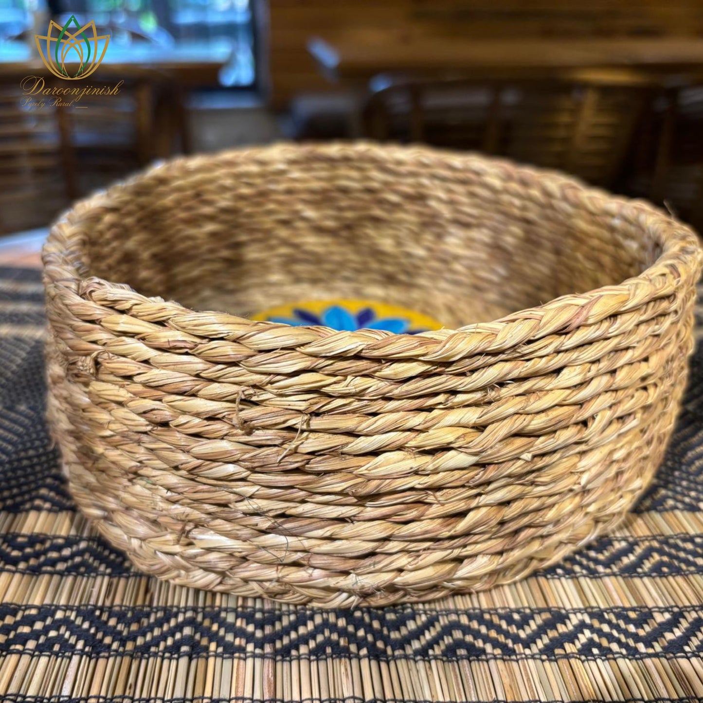 Beige Basket Tray with Blue Pottery Coaster