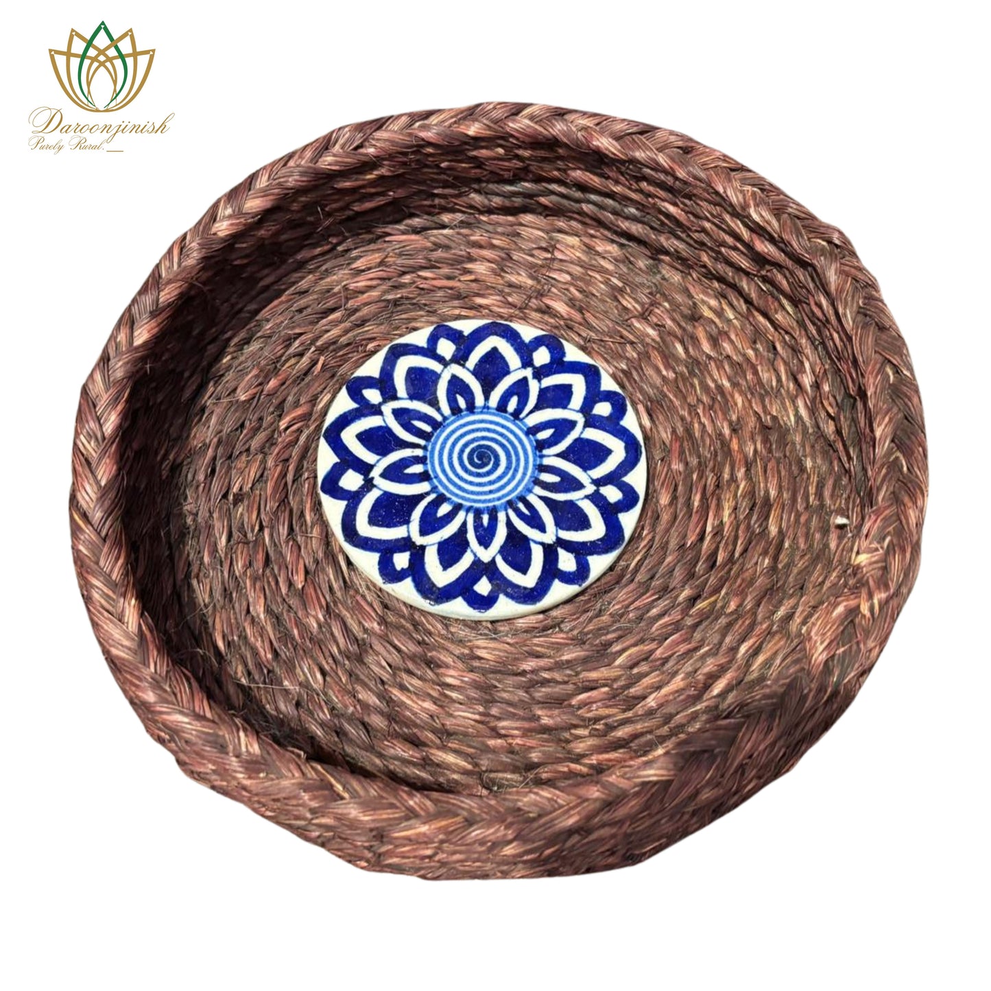 Brown Basket Tray with Blue Pottery Coaster