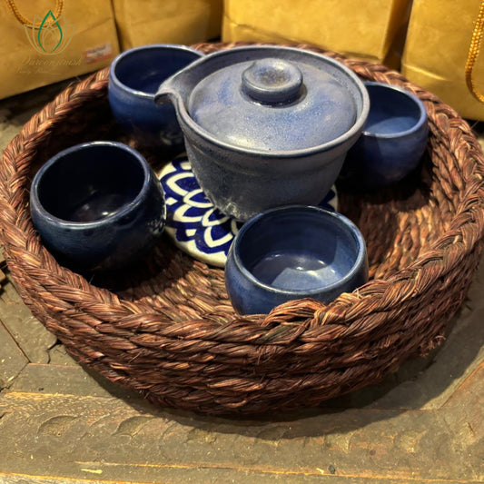 Brown Basket Tray with Blue Pottery Coaster