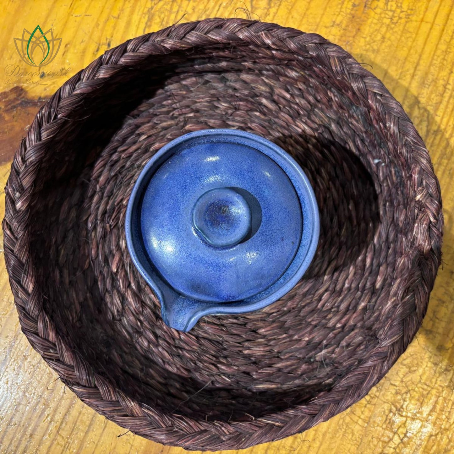 Brown Basket Tray with Blue Pottery Coaster