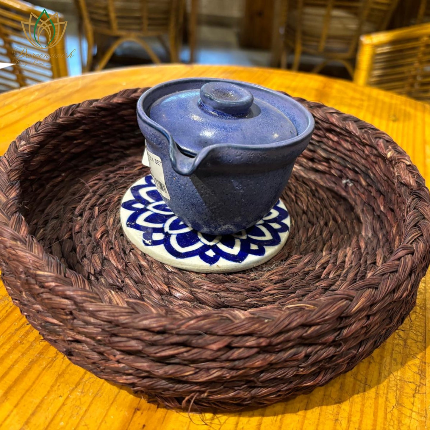 Brown Basket Tray with Blue Pottery Coaster