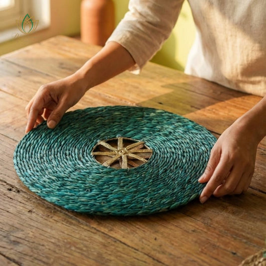 Deep Teal Sabai Grass Dokra Metal Table Mat