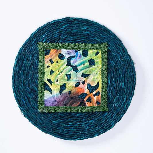 Side view of sabai grass plate mat showing its texture and stitching