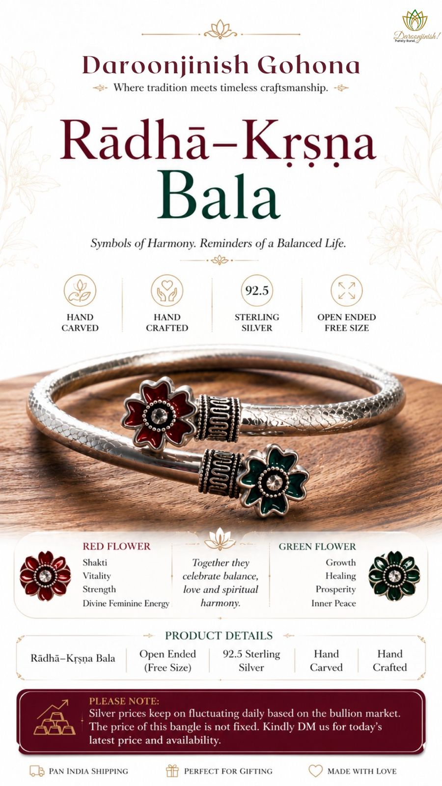 Radha Krishna Bala silver bracelet with red and green enamel flowers