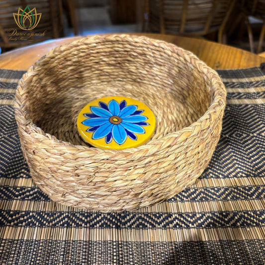 Beige Basket Tray with Blue Pottery Coaster