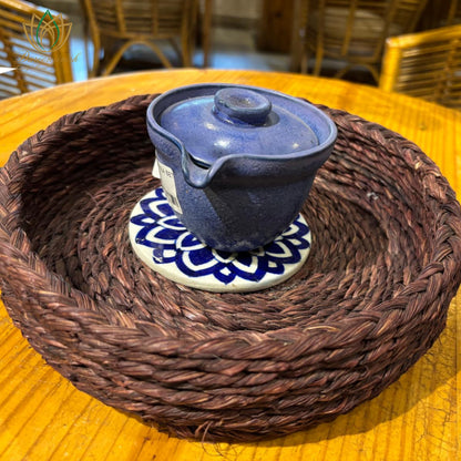 Brown Basket Tray with Blue Pottery Coaster