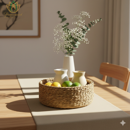 Beige Basket Tray with Blue Pottery Coaster