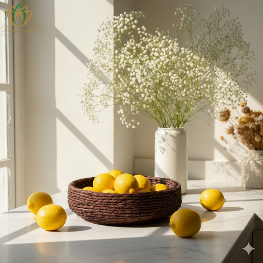 Brown Basket Tray with Blue Pottery Coaster