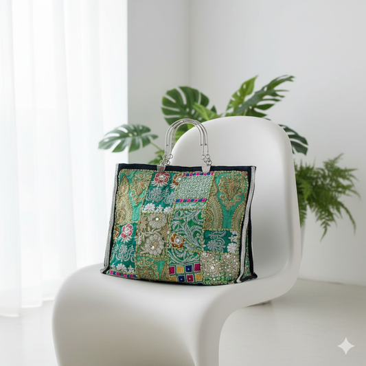 Recycled Antique Embroidered Green Bag