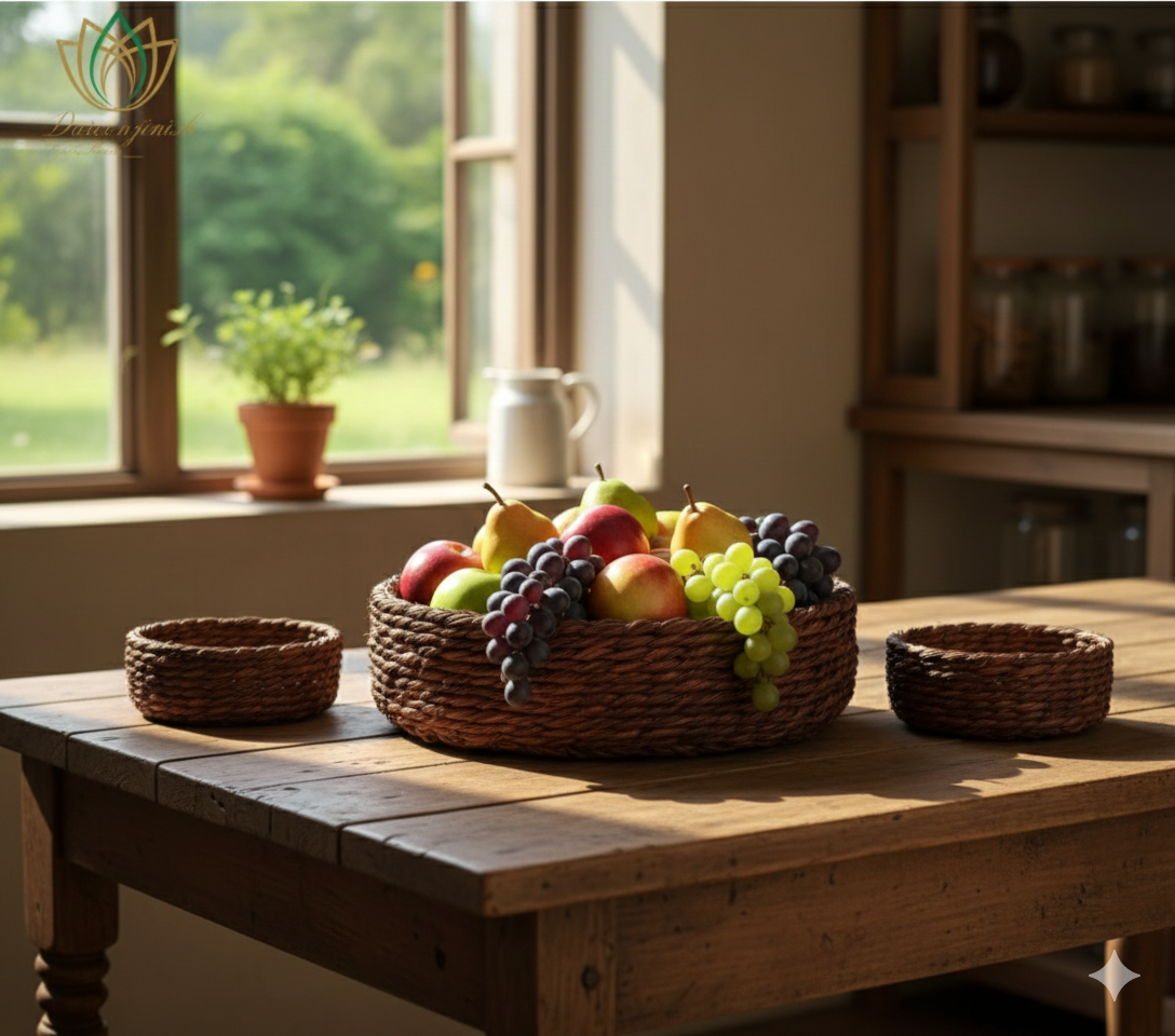 Brown Basket Tray with Blue Pottery Coaster