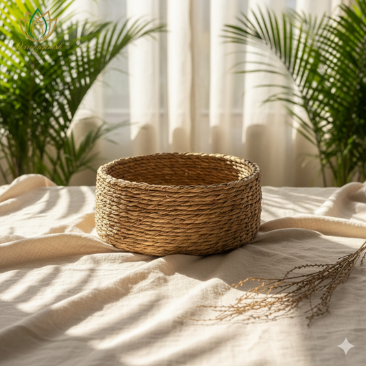 Beige Basket Tray with Blue Pottery Coaster