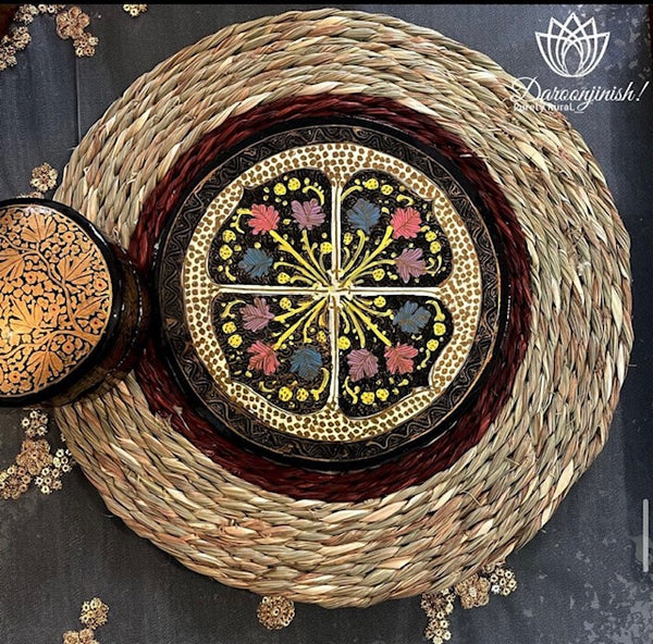 Round sabai grass mat with a hand-painted mandala centre