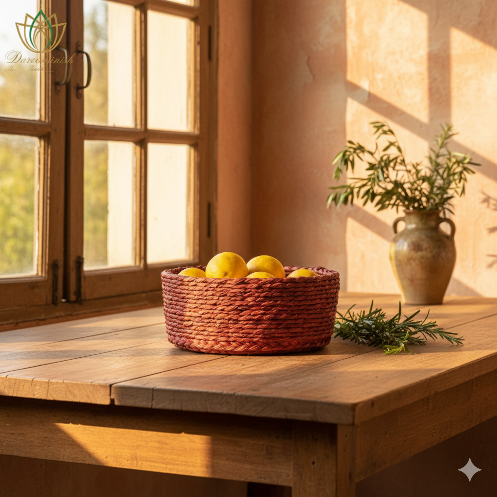 Rust Red Basket Tray with Blue Pottery Coaster