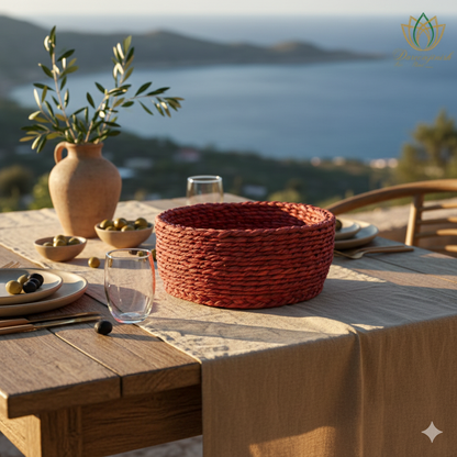 Rust Red Basket Tray with Blue Pottery Coaster