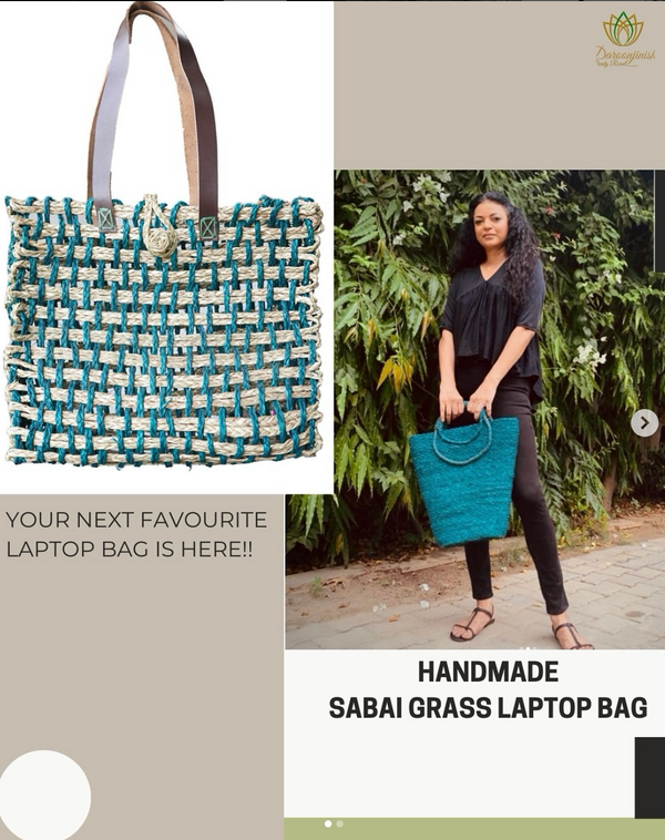 Teal handmade sabai grass laptop bag shown on a model