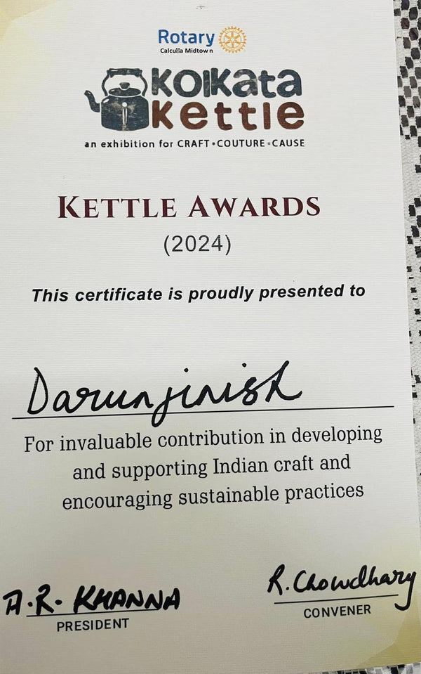 Kettle Awards 2024 certificate presented to Daroonjinish for supporting Indian craft