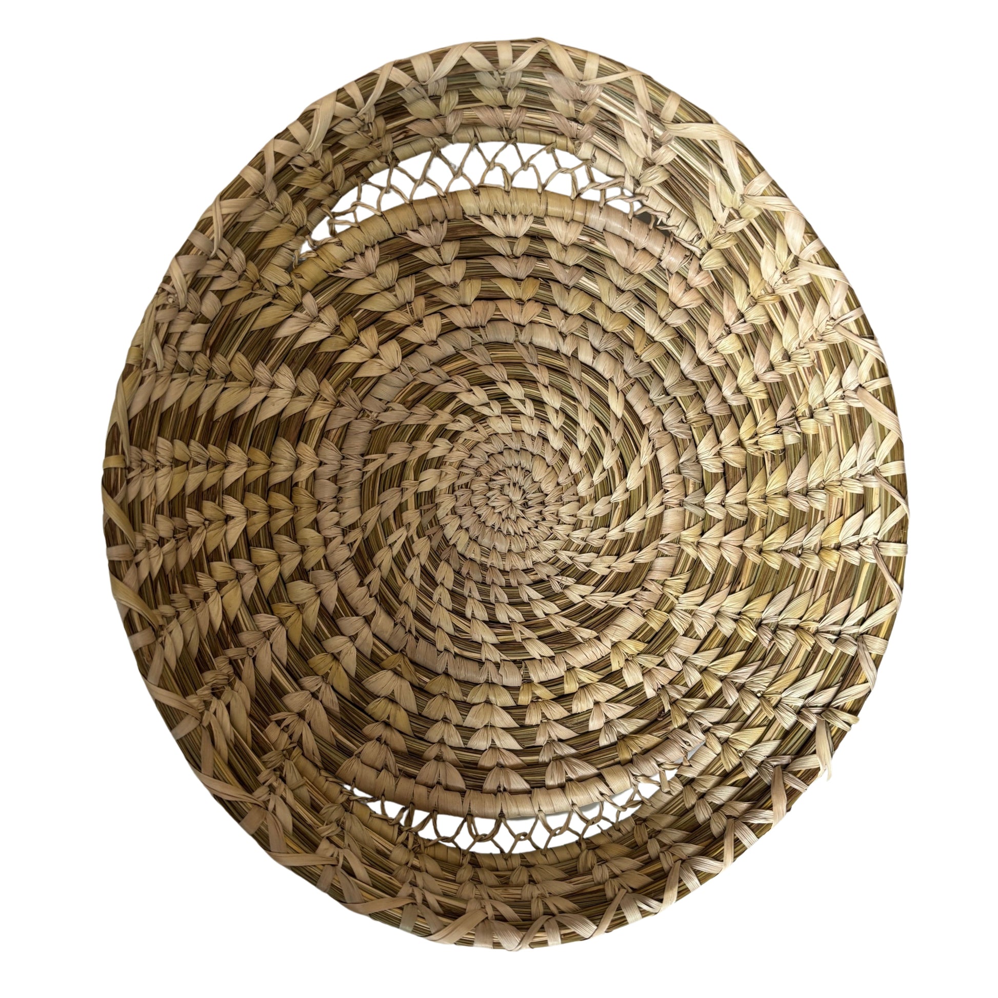Top-down view of Indigo Sabai Fruit Basket handcrafted in coiled grass.