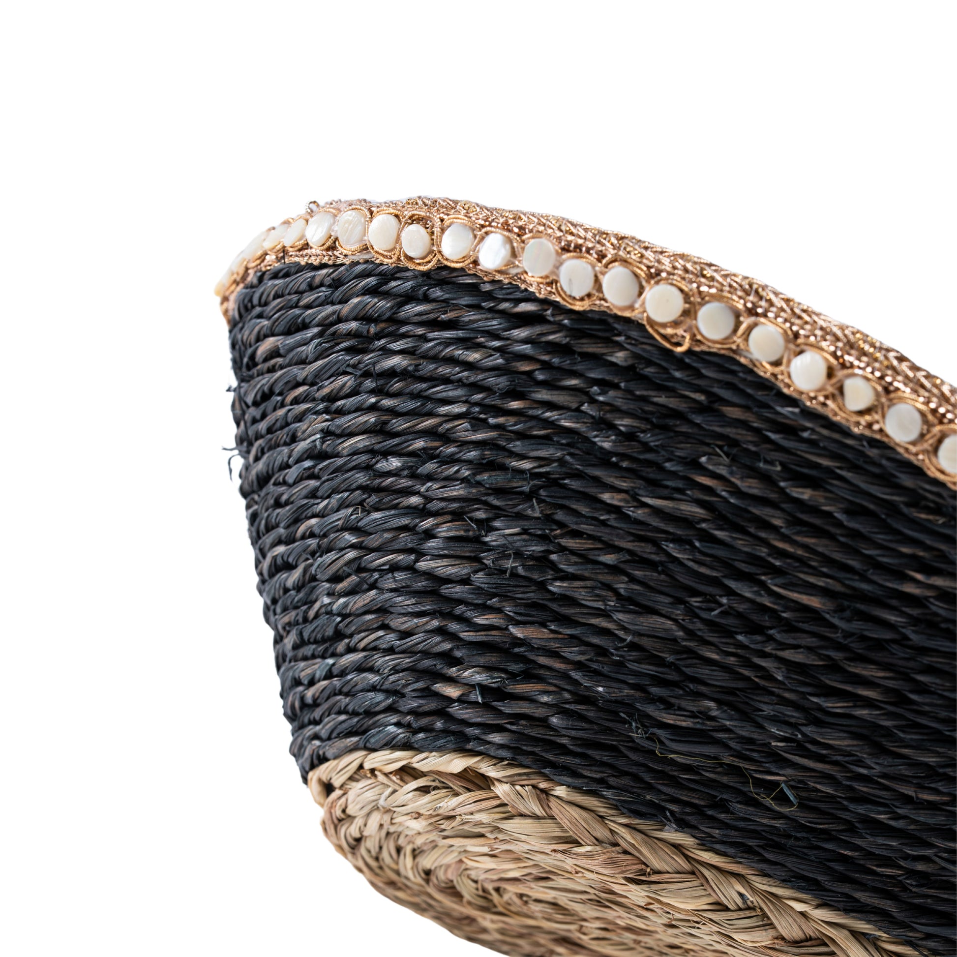 Set of two sabai grass boat baskets stacked inside each other with beadwork
