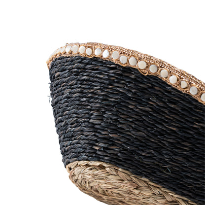Set of two sabai grass boat baskets stacked inside each other with beadwork
