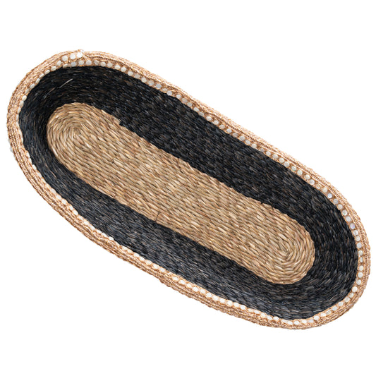 Top view of oval sabai boat basket showing natural fiber weave and beaded detailing

