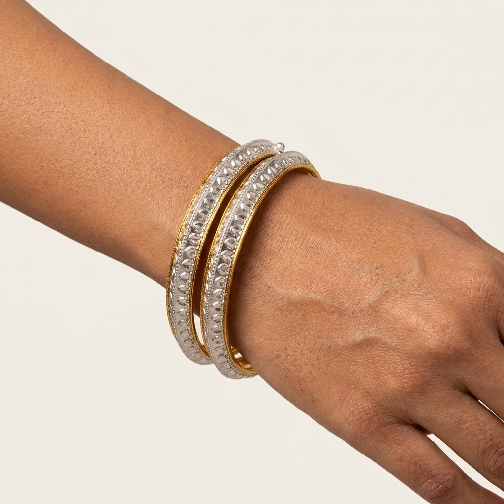 Dvandva Bala – 92.5% Hallmarked Sterling Silver Hand-Carved Bangle with Nickel-Free Gold Polish