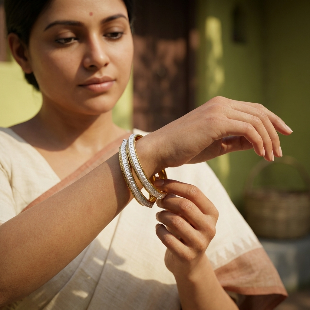 Dvandva Bala – 92.5% Hallmarked Sterling Silver Hand-Carved Bangle with Nickel-Free Gold Polish