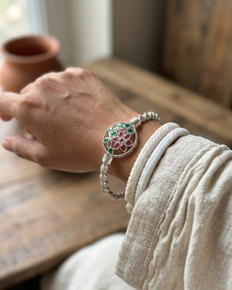 Ṣaṭdala Shakti – 925 Sterling Silver Six-Petalled Lotus Bangle