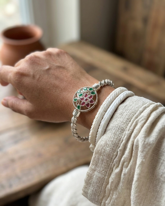 Ṣaṭdala Shakti – 925 Sterling Silver Six-Petalled Lotus Bangle