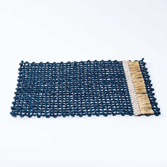 Full top-down view of handcrafted Rectangle Blue Knots Mat in deep blue with pearl and golden accents.