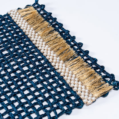 Macro shot highlighting the handwoven pearls and fine golden threads of the Rectangle Blue Knots Mat