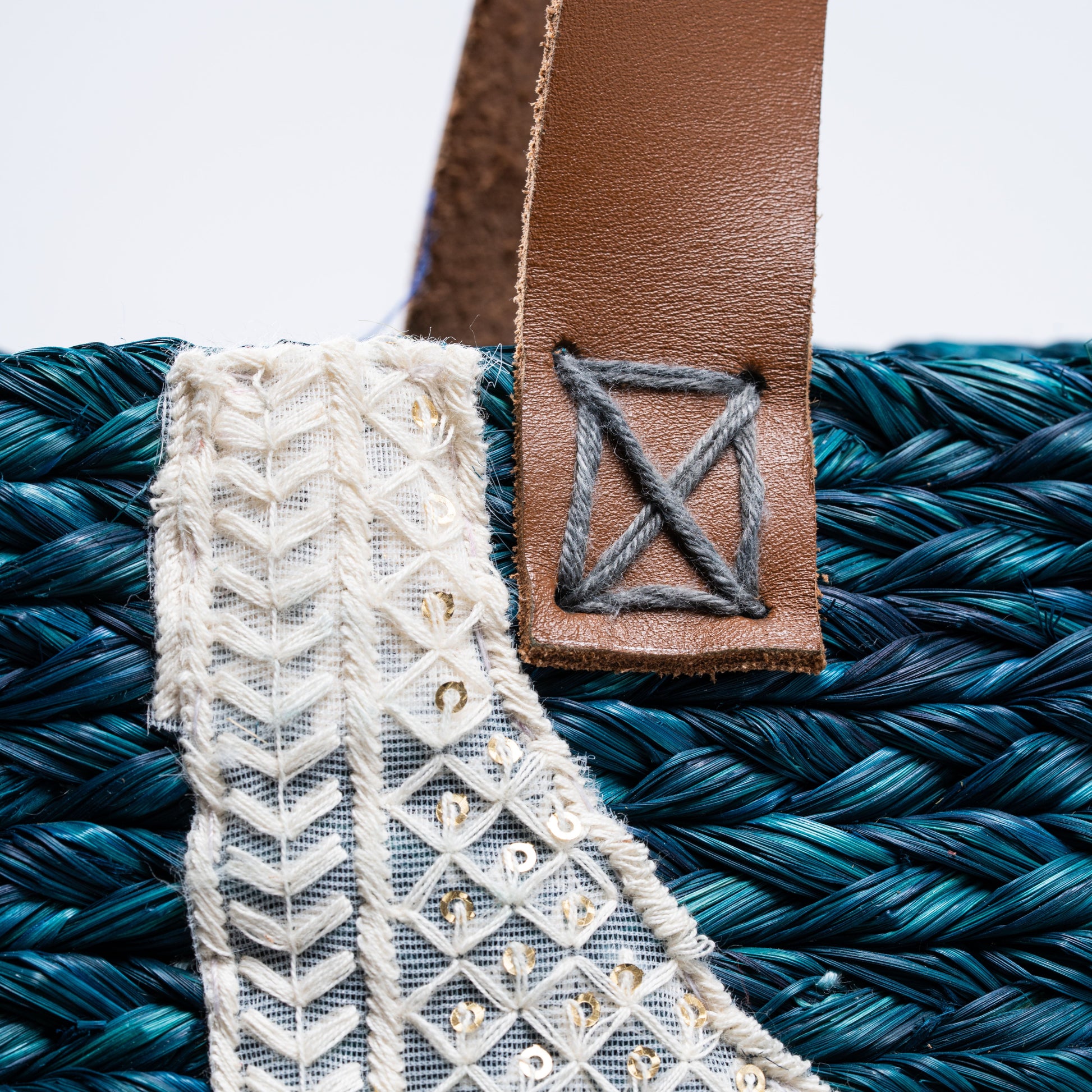 Close-up of white embroidered geometric panel on Siti Sabai Bag