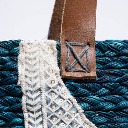 Close-up of white embroidered geometric panel on Siti Sabai Bag