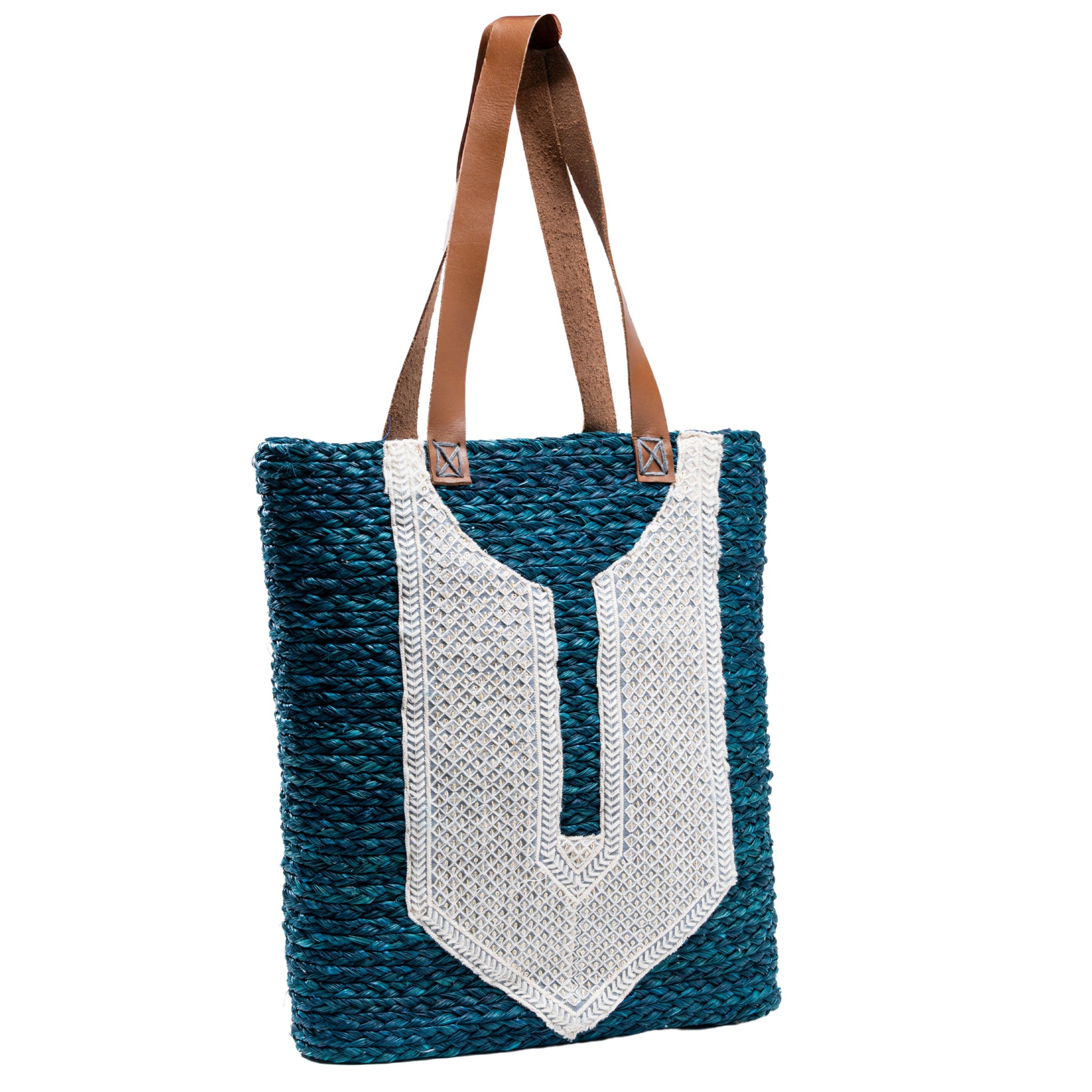 Siti Sabai Basket Bag front view with embroidered panel and leather handles
