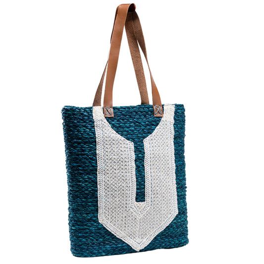 Siti Sabai Basket Bag front view with embroidered panel and leather handles
