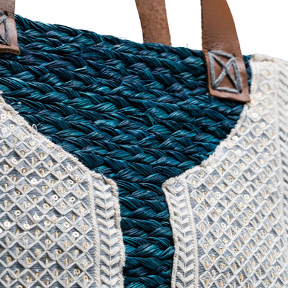 Zoomed-in view of sabai grass texture and embroidery stitches