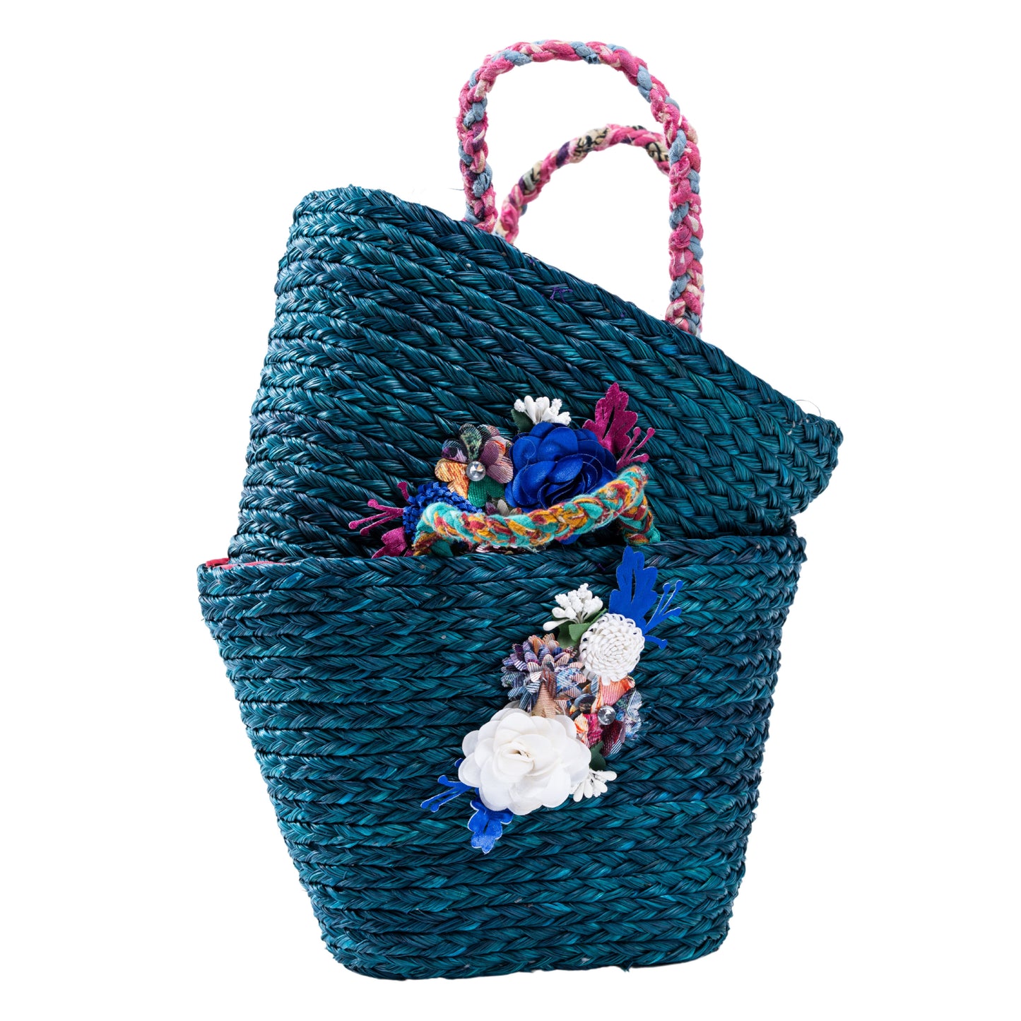 Two stacked Trina mini baskets with different floral motifs

