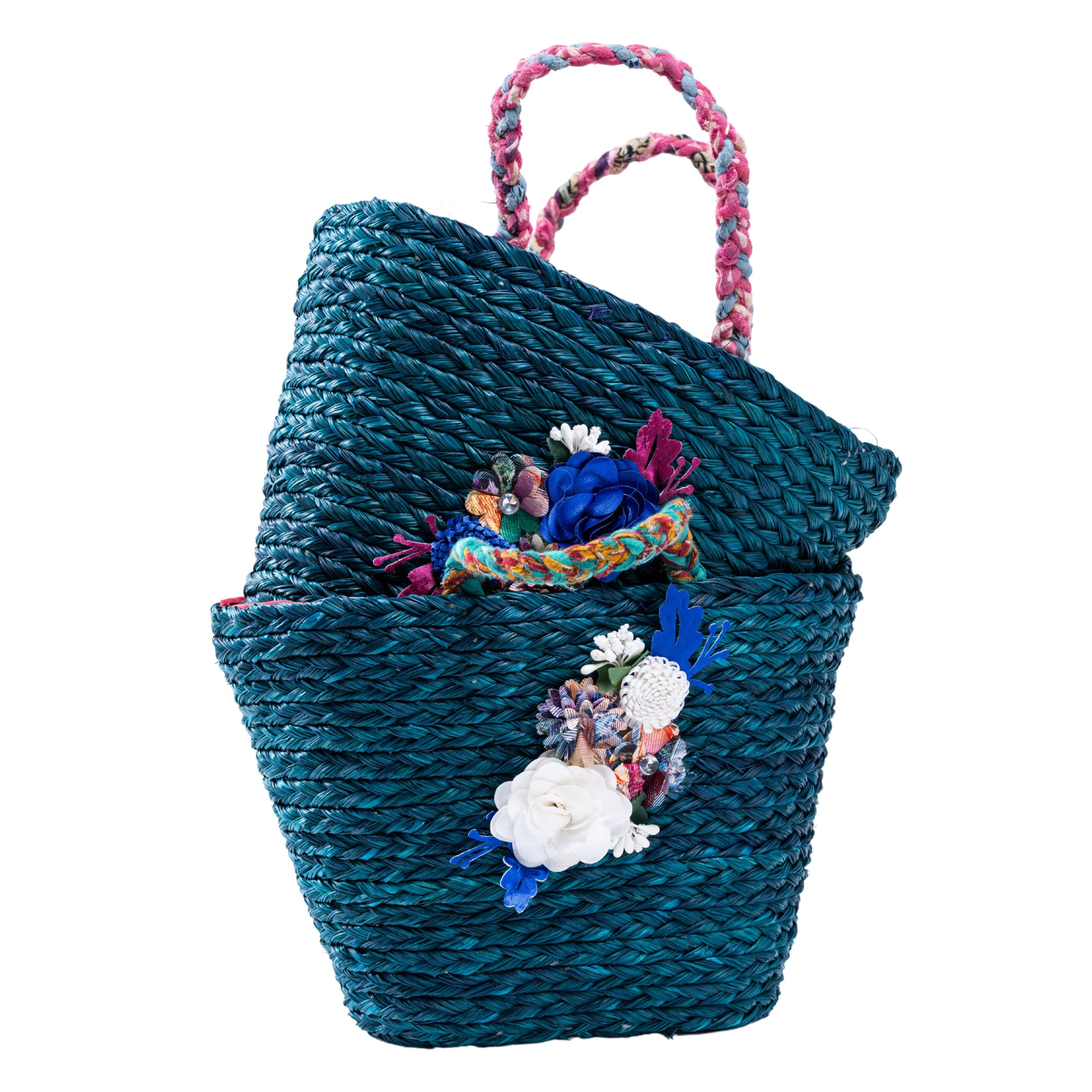 Two stacked Trina mini baskets with different floral motifs


