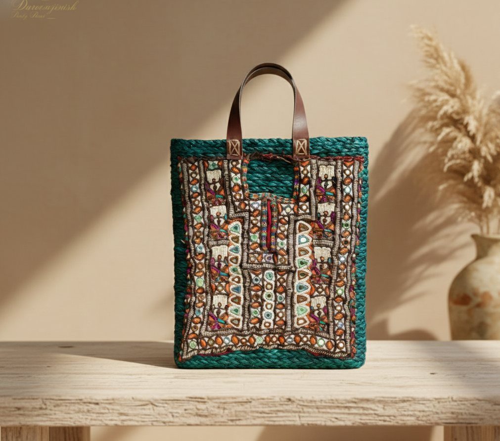 Kutchi Banjara sabai grass bag in green