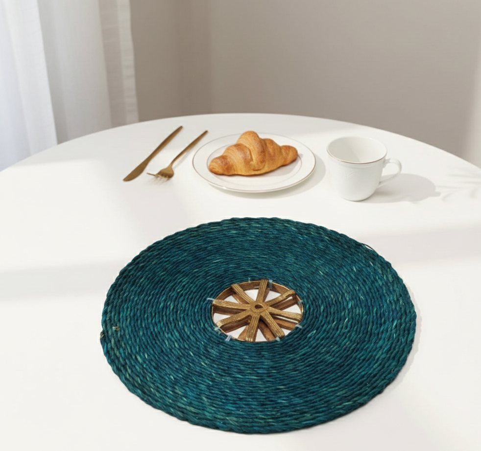 Deep teal sabai and Dokra table mat